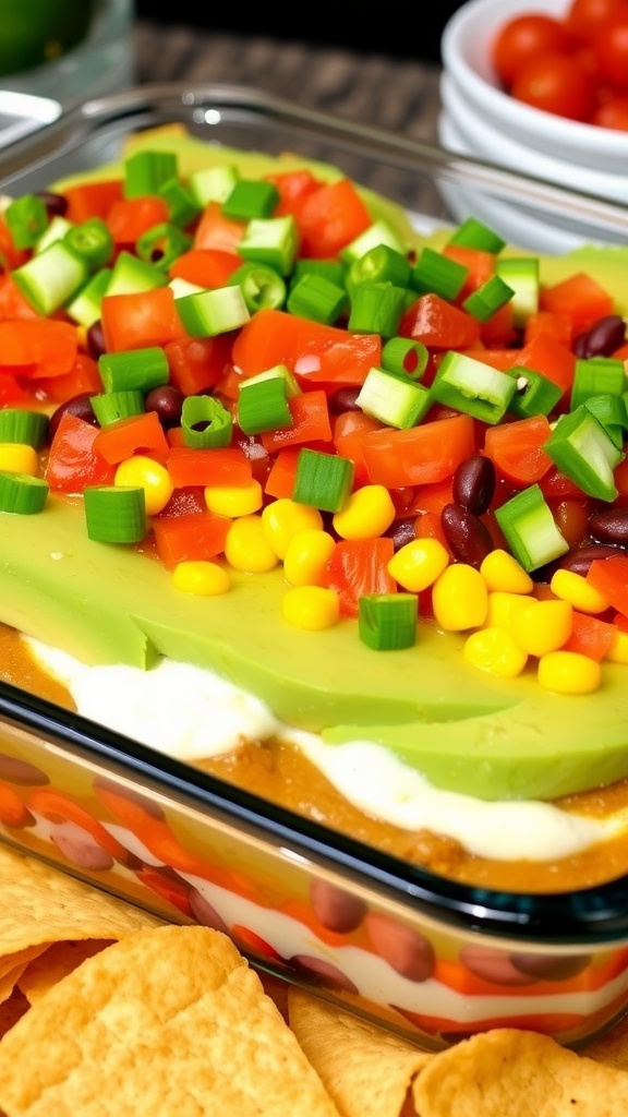 A clear dish filled with 5 layers of vibrant avocado, beans, salsa, corn, and tomatoes, accompanied by tortilla chips.